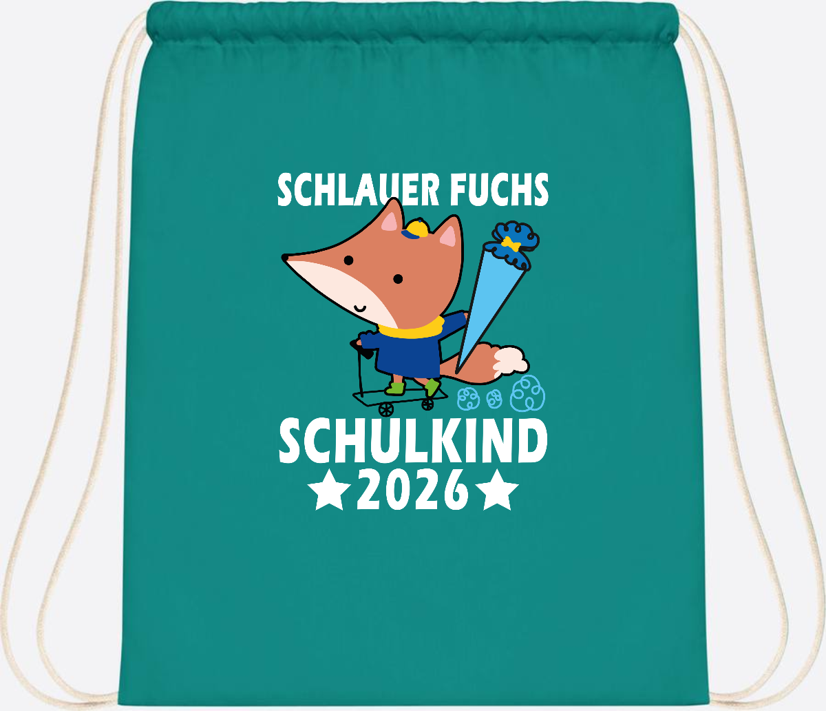 Turnbeutel Schulkind 2026 – Schlauer Fuchs personalisiert - Emerald