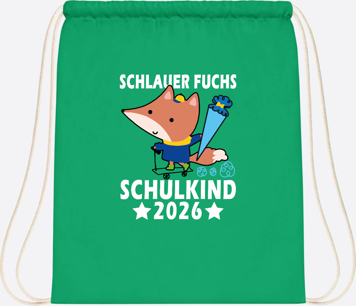 Turnbeutel Schulkind 2026 – Schlauer Fuchs personalisiert - Kelly Green