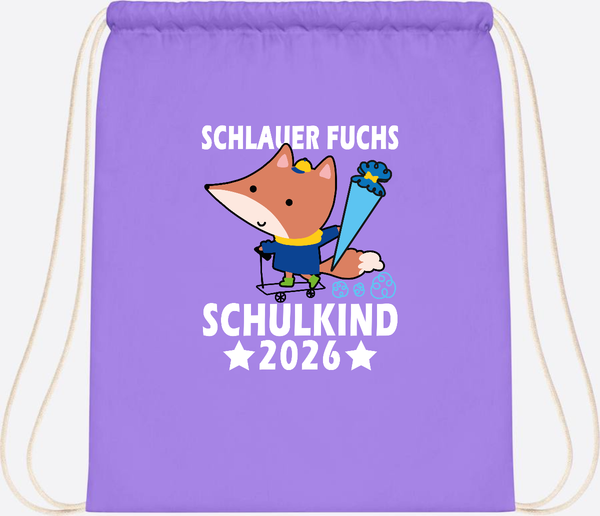 Turnbeutel Schulkind 2026 – Schlauer Fuchs personalisiert - Lavender/White