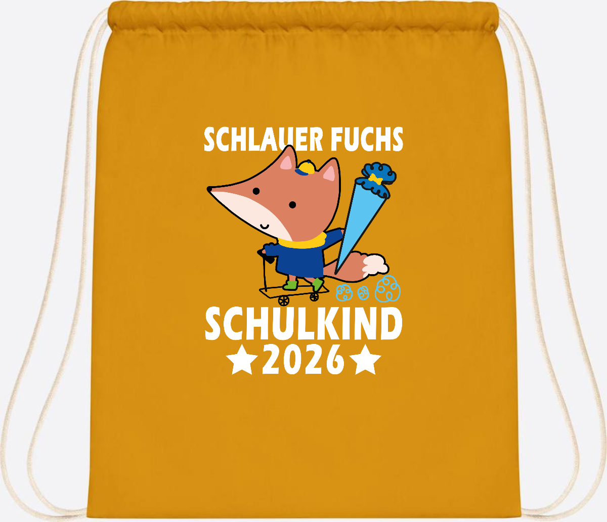 Turnbeutel Schulkind 2026 – Schlauer Fuchs personalisiert - Mustard
