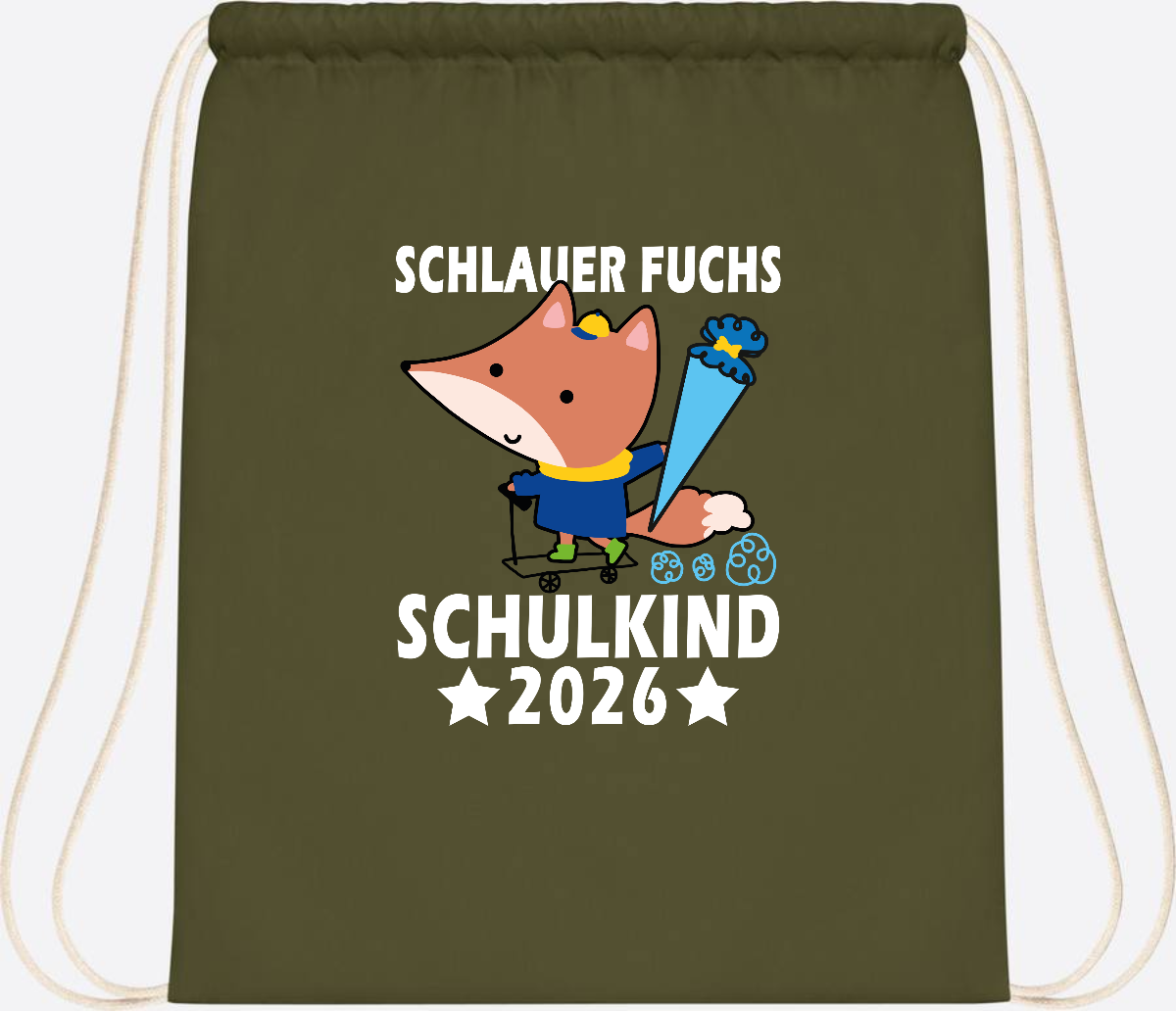 Turnbeutel Schulkind 2026 – Schlauer Fuchs personalisiert - Olive Green