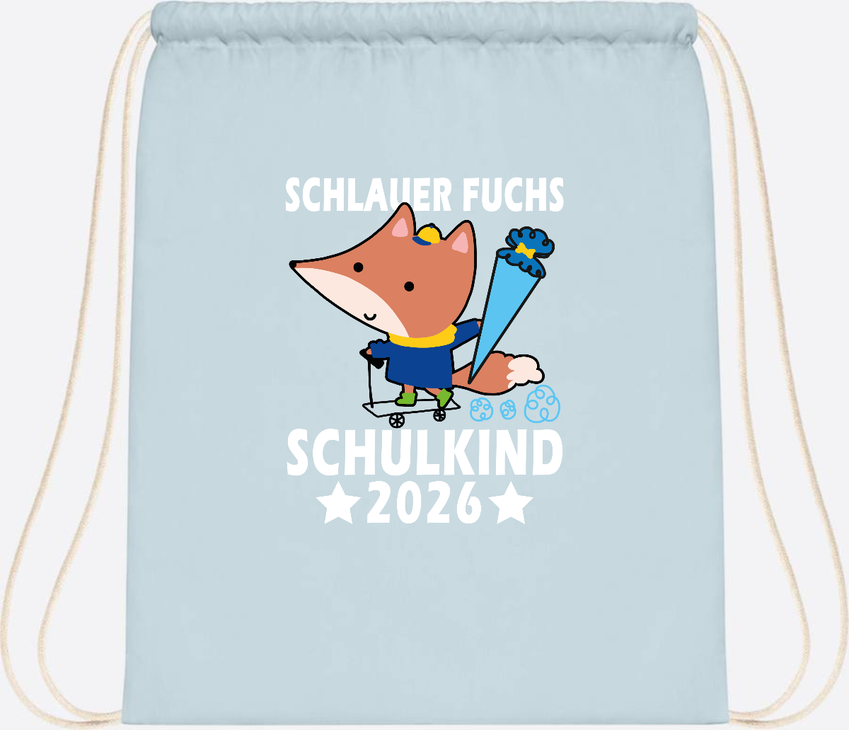 Turnbeutel Schulkind 2026 – Schlauer Fuchs personalisiert - Pastel Blue/White