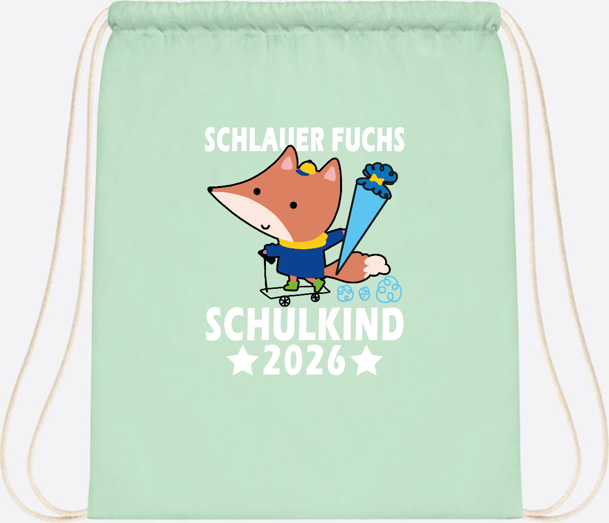 Turnbeutel Schulkind 2026 – Schlauer Fuchs personalisiert - Pastel Mint/White