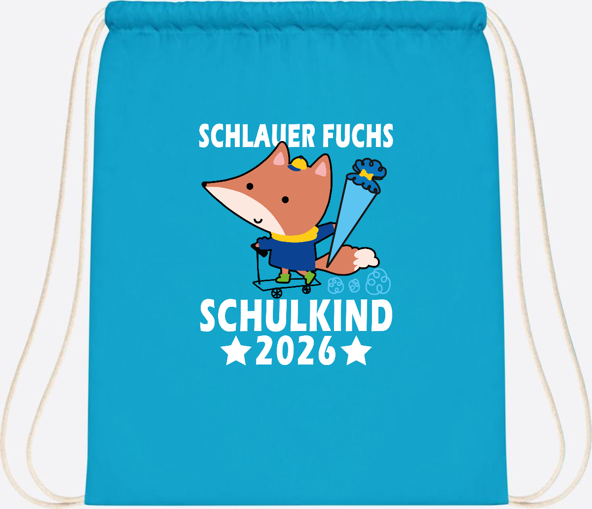 Turnbeutel Schulkind 2026 – Schlauer Fuchs personalisiert - Surf Blue