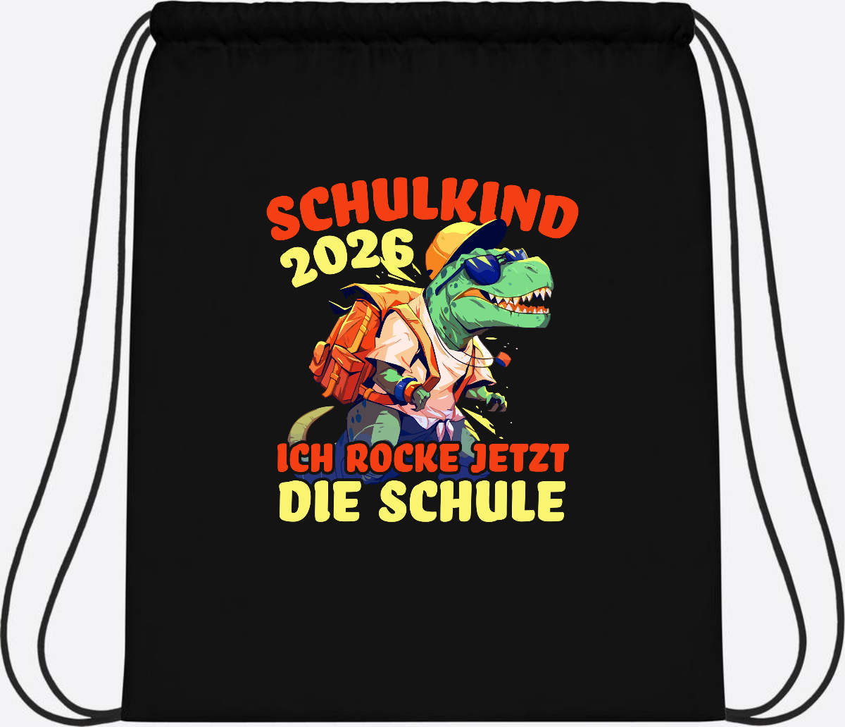 Turnbeutel Schulkind 2026: T-Rex Ich rocke die Schule - Black/Black