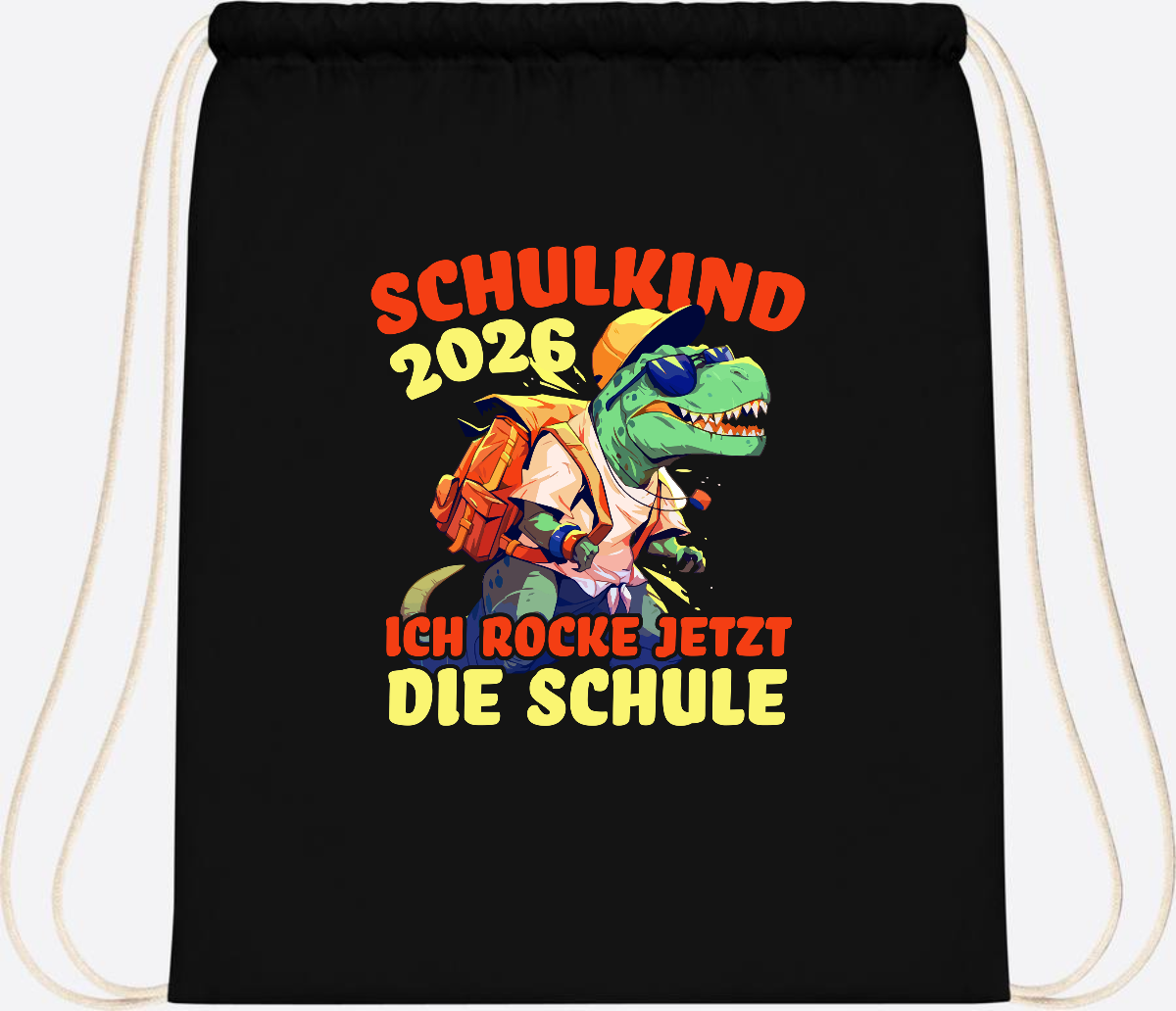 Turnbeutel Schulkind 2026: T-Rex Ich rocke die Schule - Black
