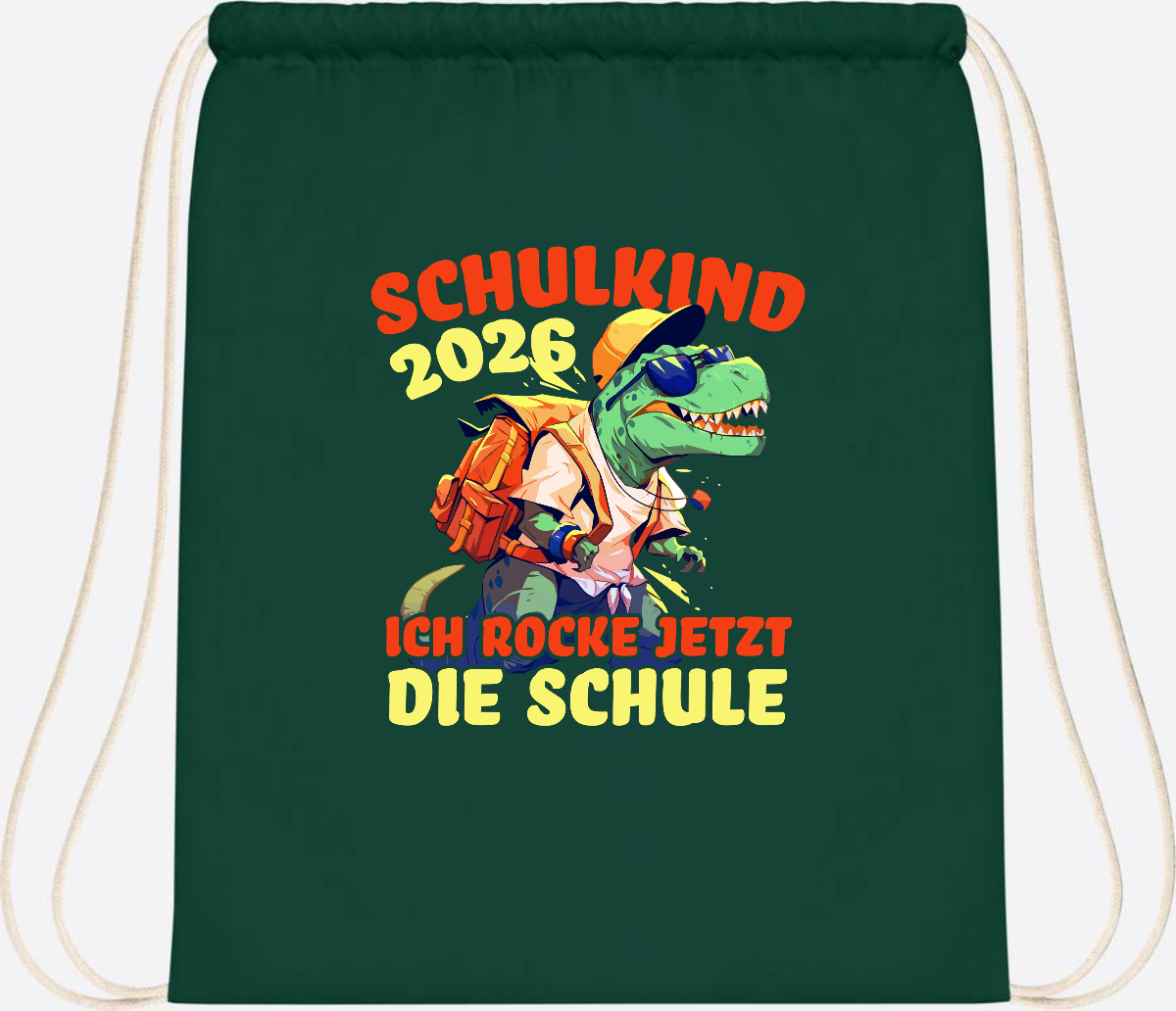 Turnbeutel Schulkind 2026: T-Rex Ich rocke die Schule - Bottle Green