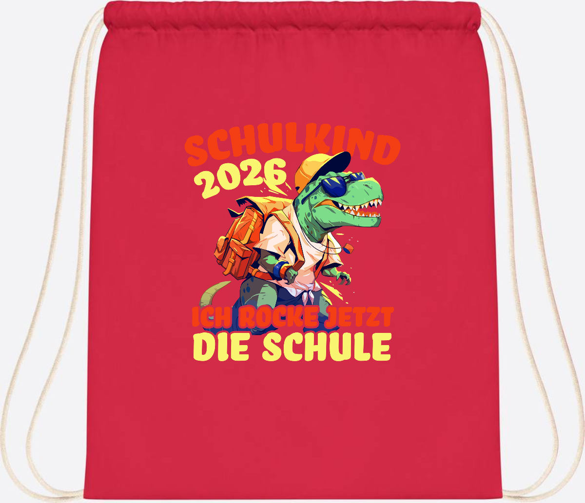 Turnbeutel Schulkind 2026: T-Rex Ich rocke die Schule - Bright Red