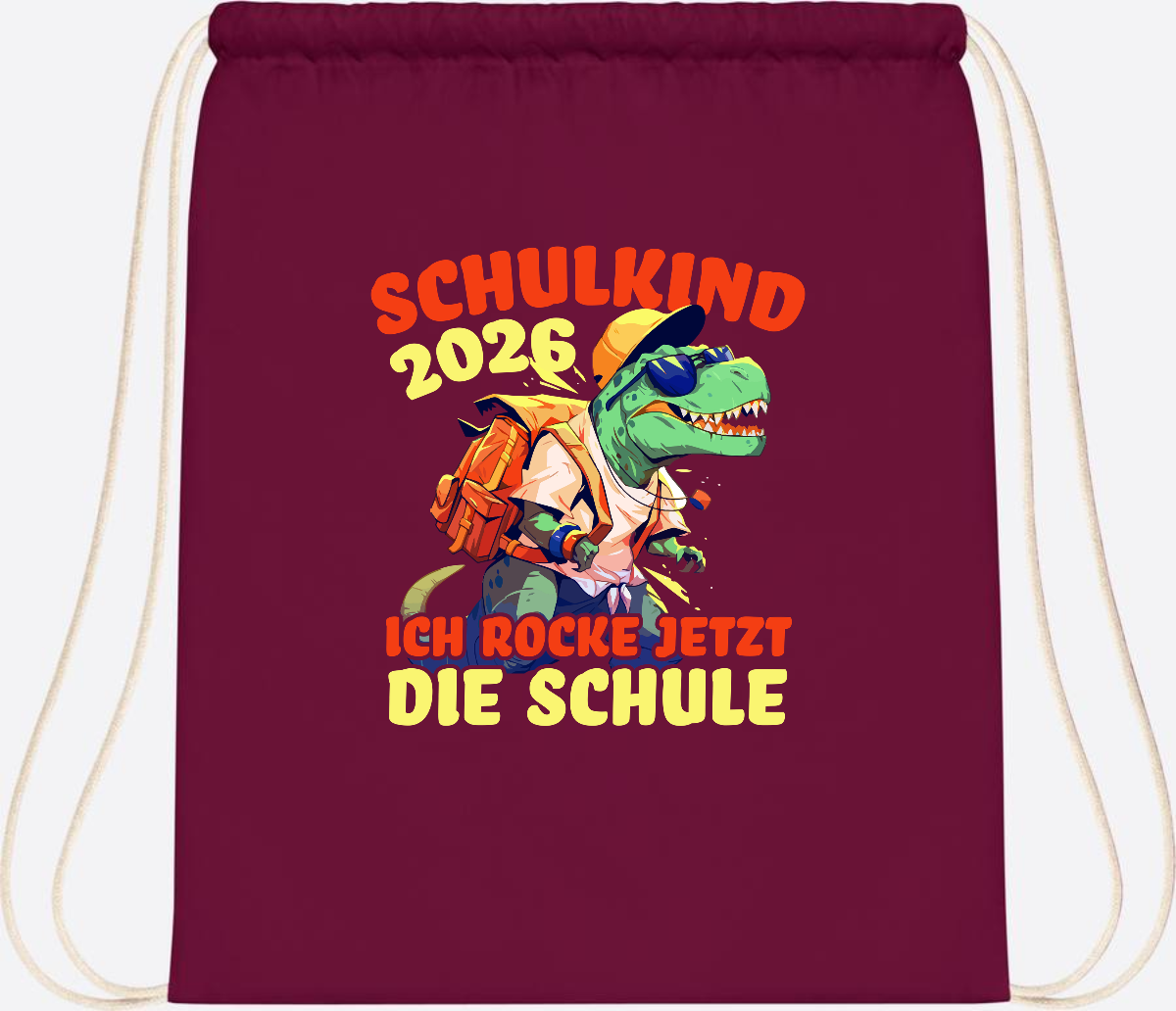 Turnbeutel Schulkind 2026: T-Rex Ich rocke die Schule - Burgundy
