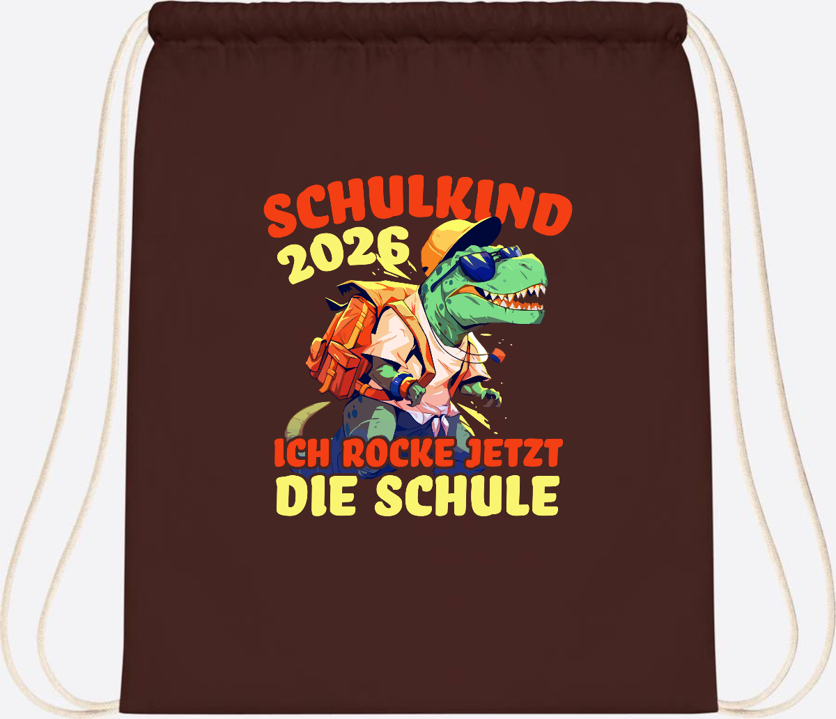 Turnbeutel Schulkind 2026: T-Rex Ich rocke die Schule - Chocolate