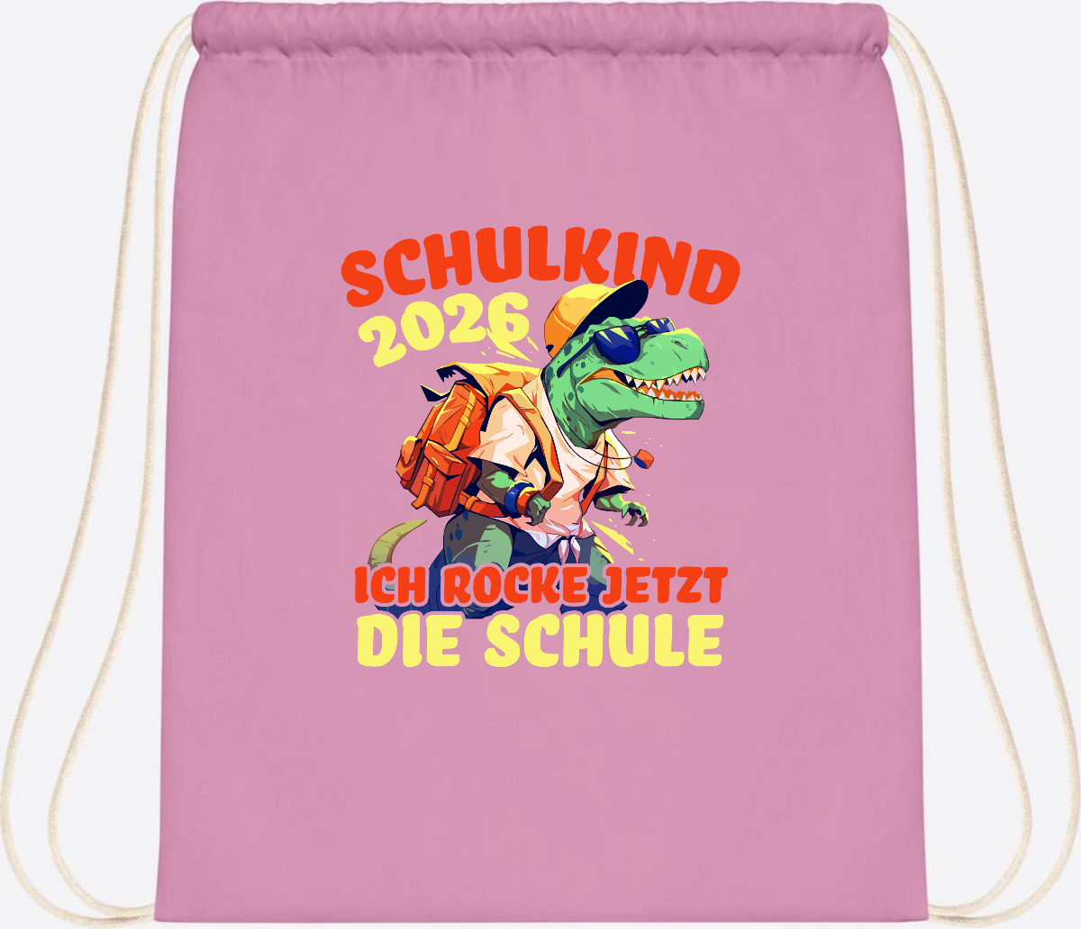 Turnbeutel Schulkind 2026: T-Rex Ich rocke die Schule - Classic Pink/White