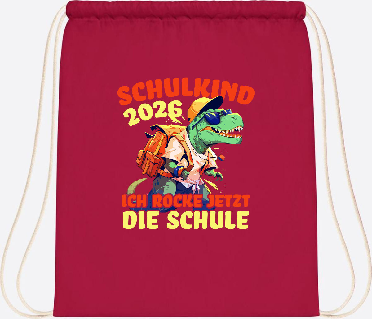 Turnbeutel Schulkind 2026: T-Rex Ich rocke die Schule - Classic Red