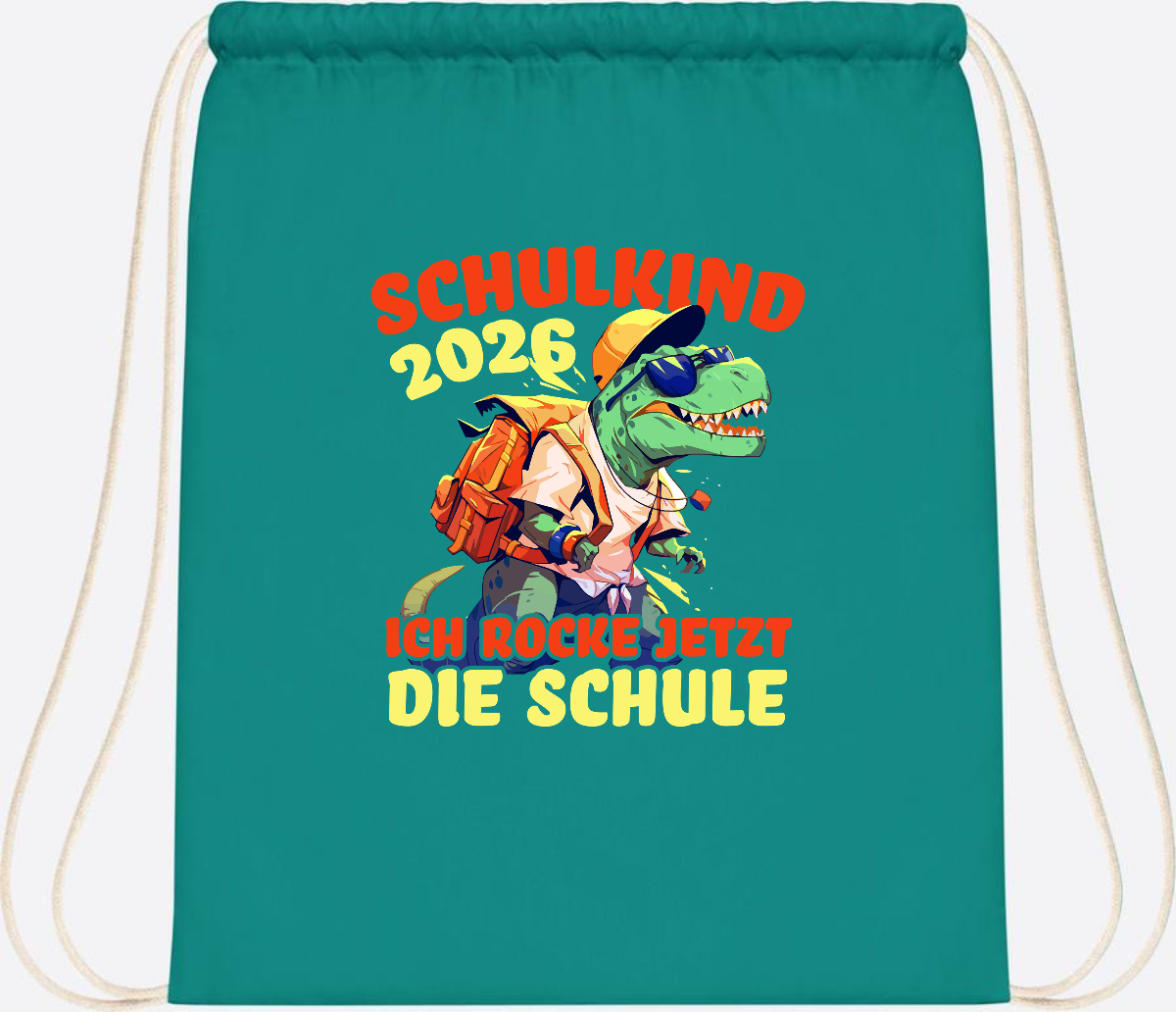 Turnbeutel Schulkind 2026: T-Rex Ich rocke die Schule - Emerald