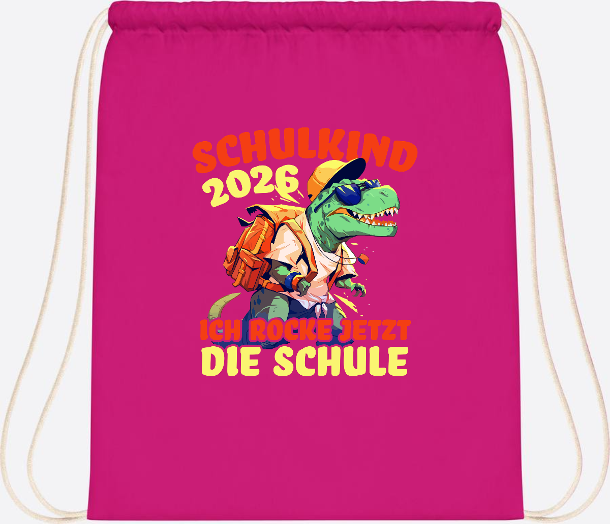 Turnbeutel Schulkind 2026: T-Rex Ich rocke die Schule - Fuchsia