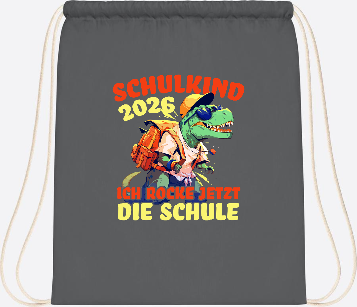 Turnbeutel Schulkind 2026: T-Rex Ich rocke die Schule - Graphite Grey