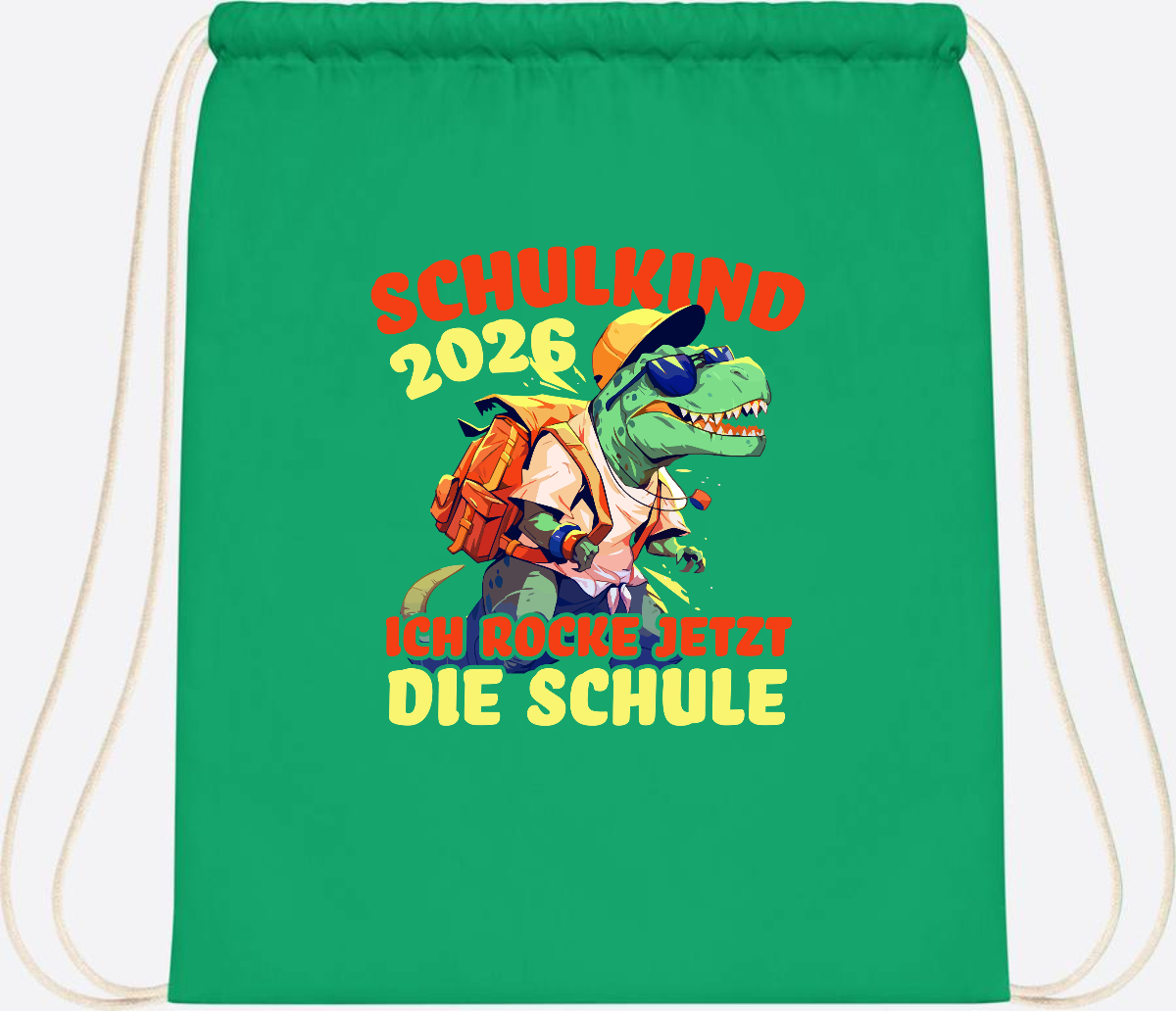 Turnbeutel Schulkind 2026: T-Rex Ich rocke die Schule - Kelly Green