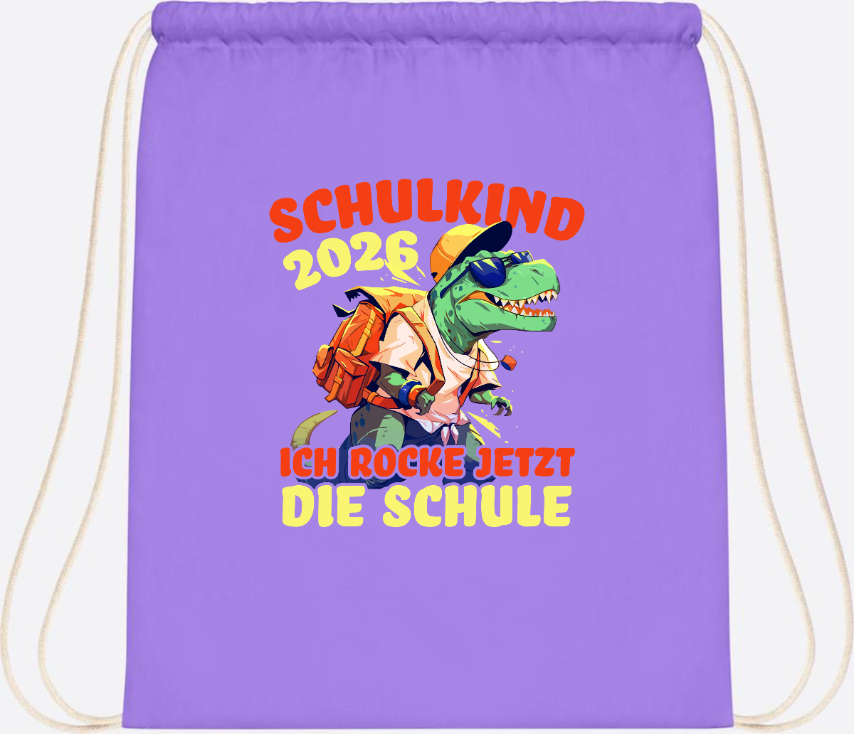 Turnbeutel Schulkind 2026: T-Rex Ich rocke die Schule - Lavender/White
