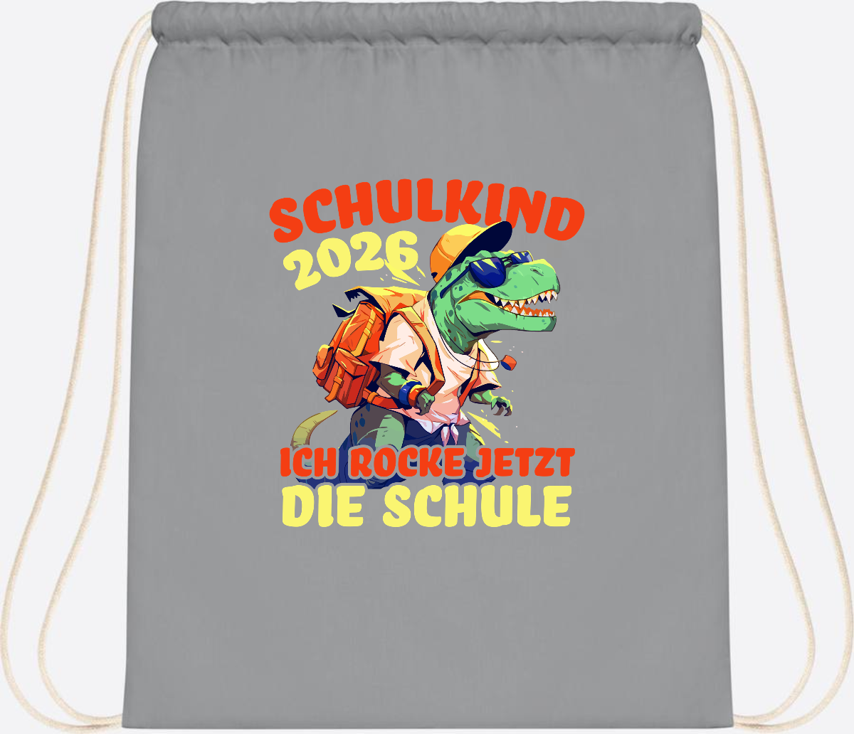 Turnbeutel Schulkind 2026: T-Rex Ich rocke die Schule - Light Grey