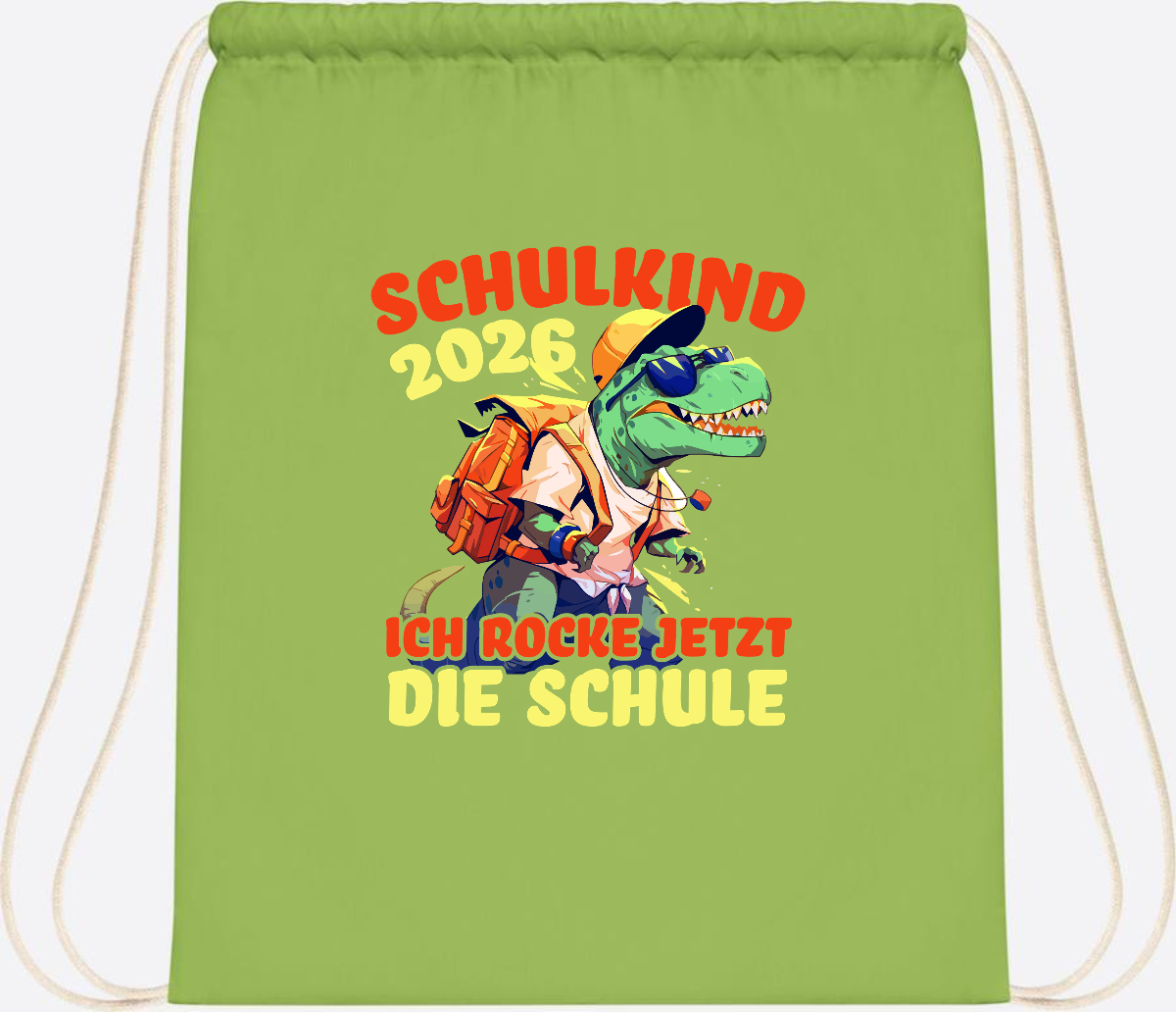 Turnbeutel Schulkind 2026: T-Rex Ich rocke die Schule - Lime Green