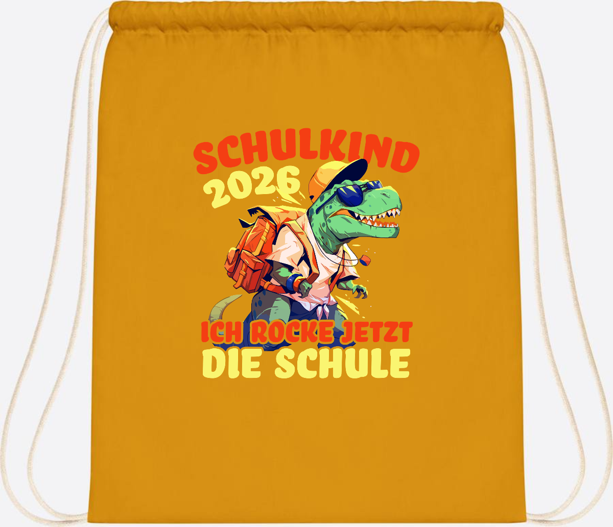 Turnbeutel Schulkind 2026: T-Rex Ich rocke die Schule - Mustard