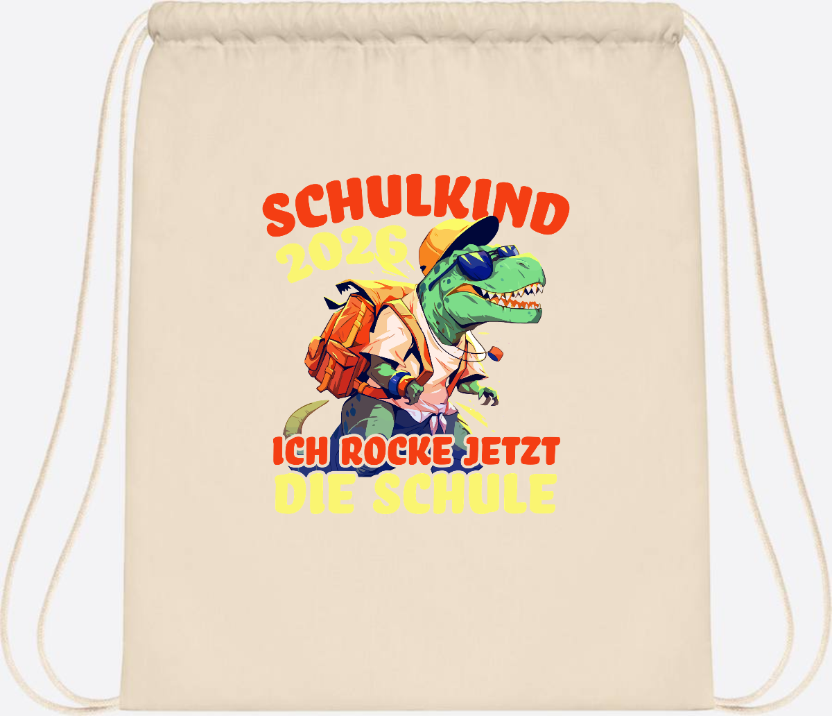 Turnbeutel Schulkind 2026: T-Rex Ich rocke die Schule - Natural