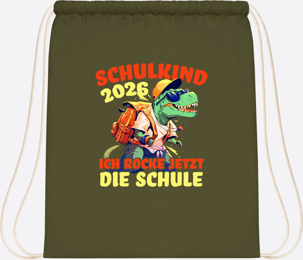 Turnbeutel Schulkind 2026: T-Rex Ich rocke die Schule - Olive Green