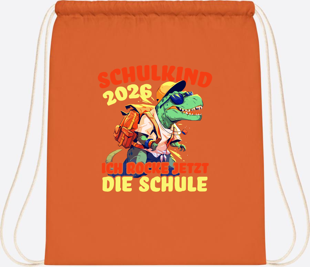 Turnbeutel Schulkind 2026: T-Rex Ich rocke die Schule - Orange
