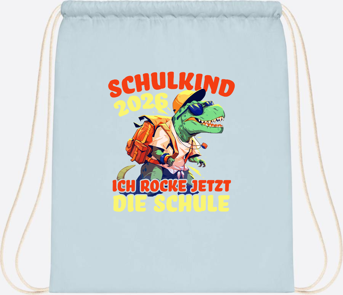 Turnbeutel Schulkind 2026: T-Rex Ich rocke die Schule - Pastel Blue/White