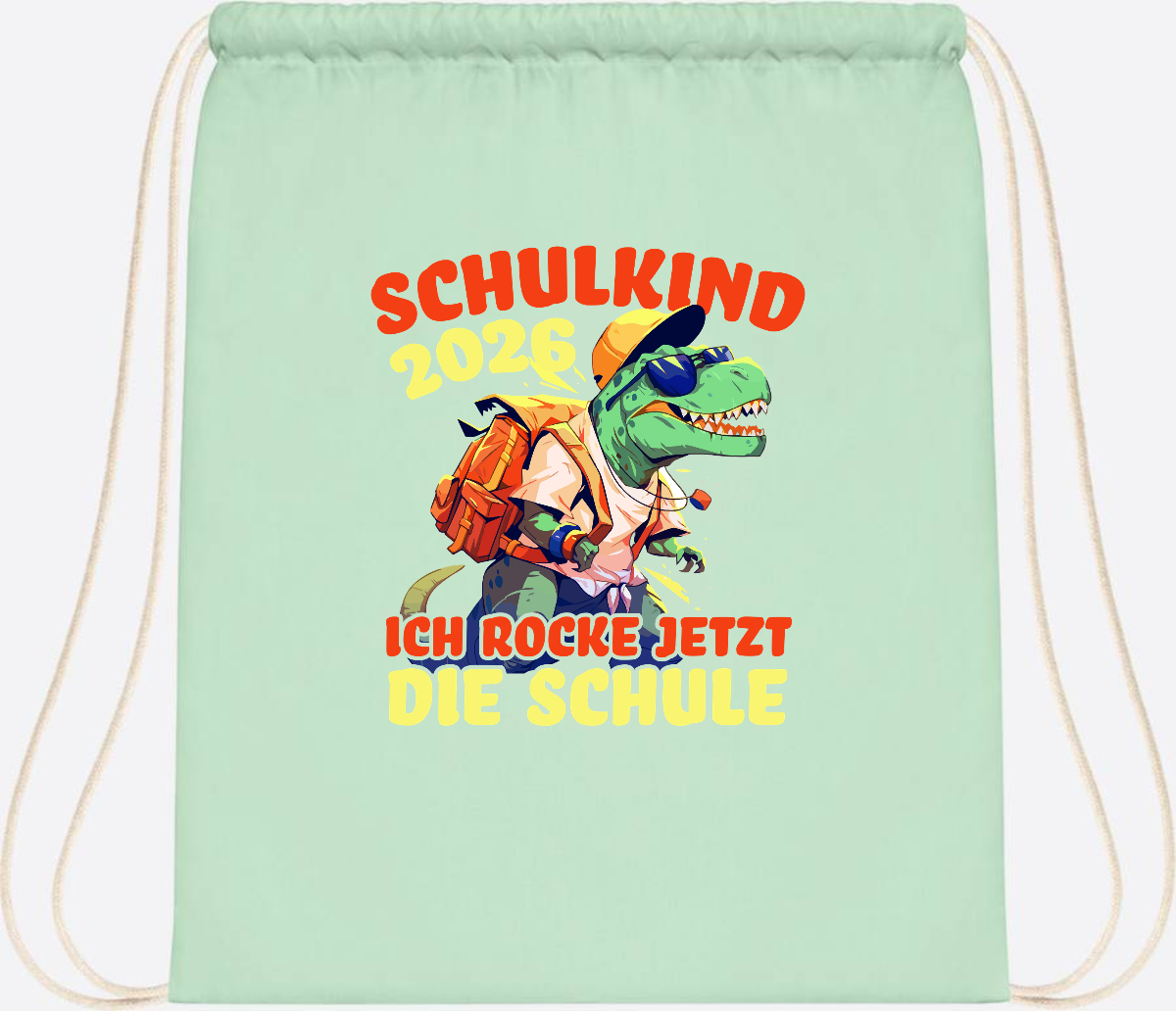 Turnbeutel Schulkind 2026: T-Rex Ich rocke die Schule - Pastel Mint/White
