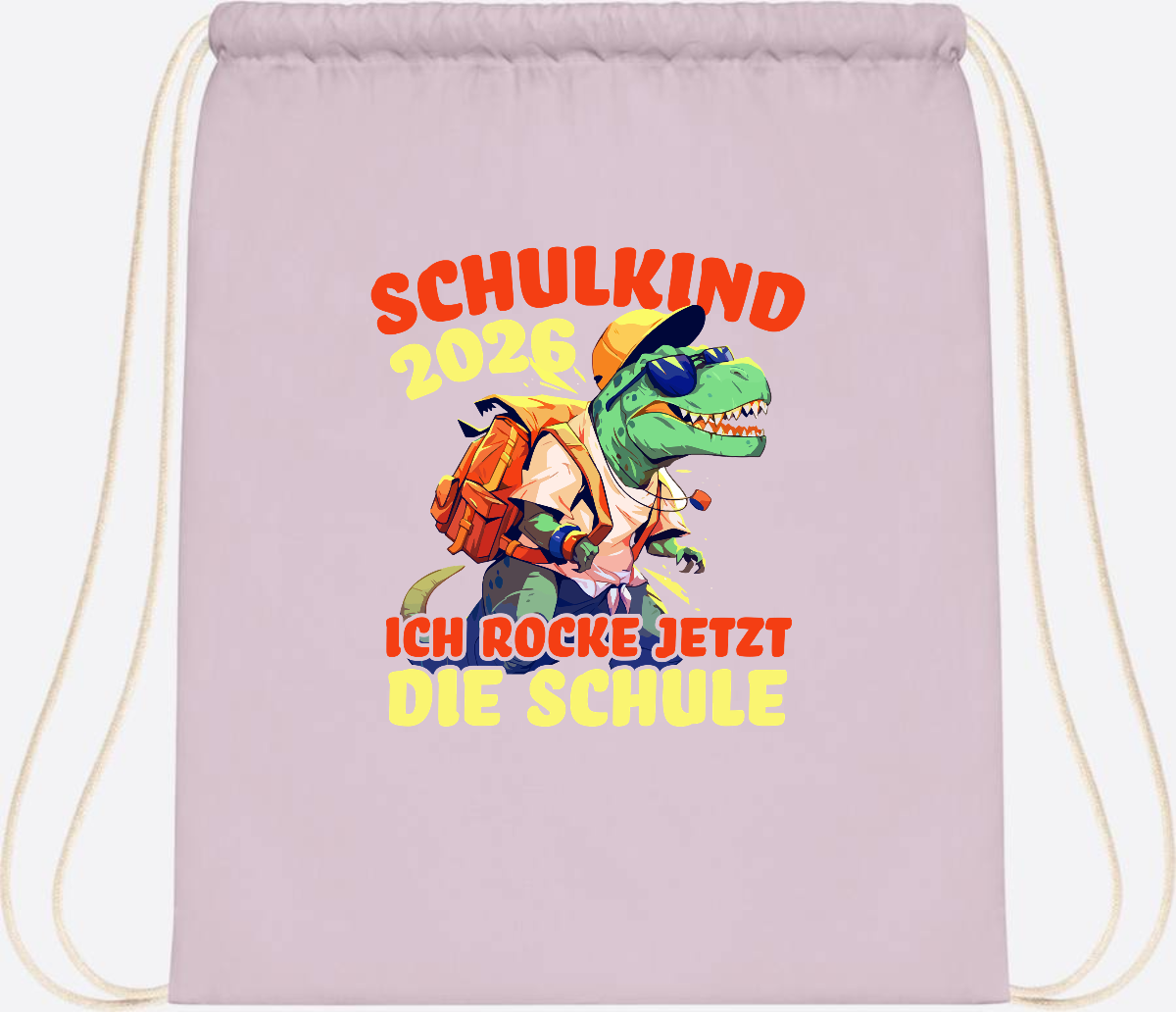 Turnbeutel Schulkind 2026: T-Rex Ich rocke die Schule - Pastel Pink/White