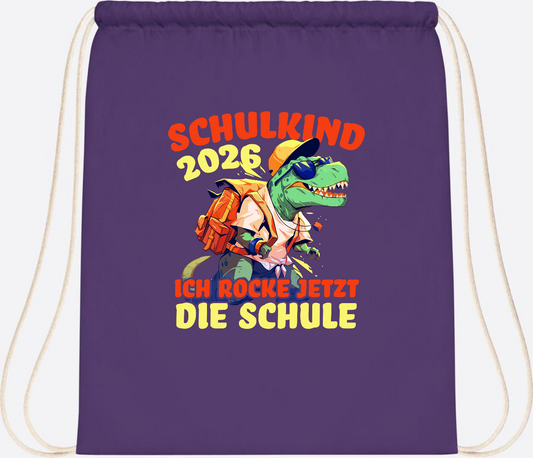 Turnbeutel Schulkind 2026: T-Rex Ich rocke die Schule - Purple
