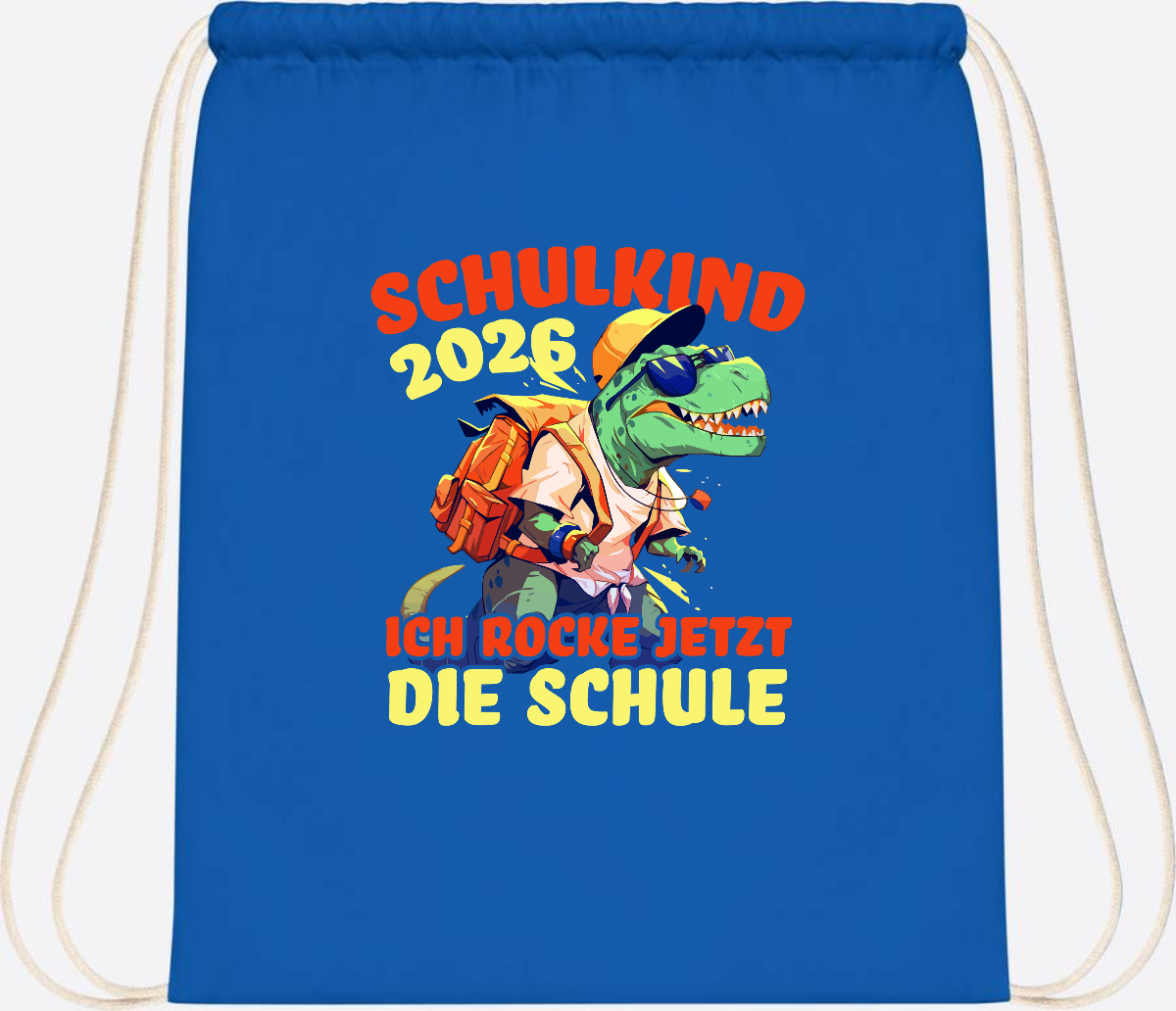 Turnbeutel Schulkind 2026: T-Rex Ich rocke die Schule - Sapphire Blue