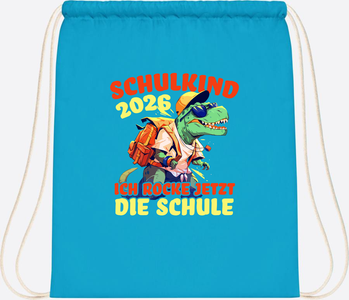 Turnbeutel Schulkind 2026: T-Rex Ich rocke die Schule - Surf Blue
