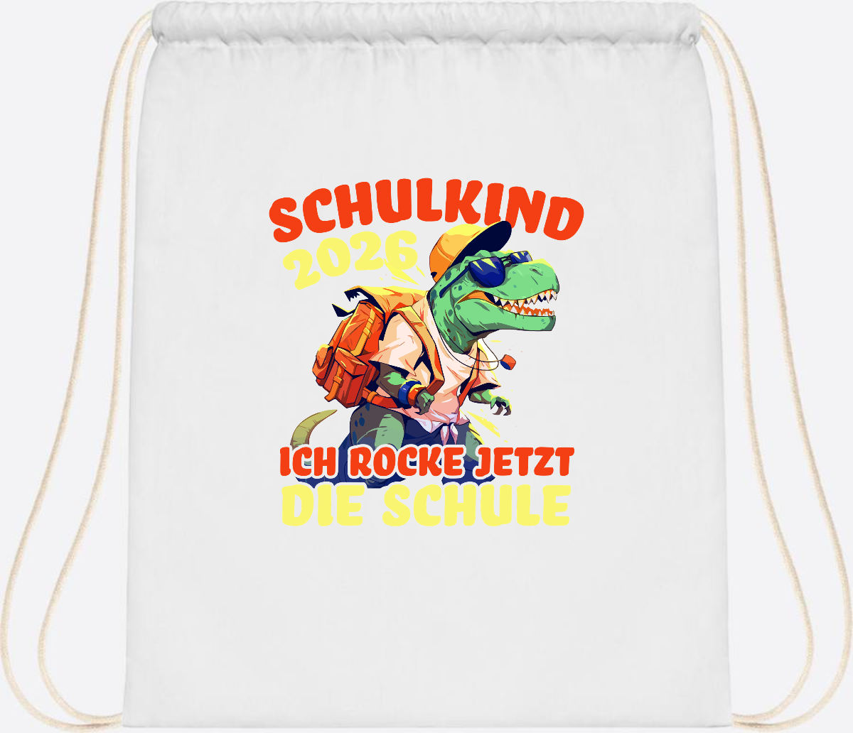 Turnbeutel Schulkind 2026: T-Rex Ich rocke die Schule - White