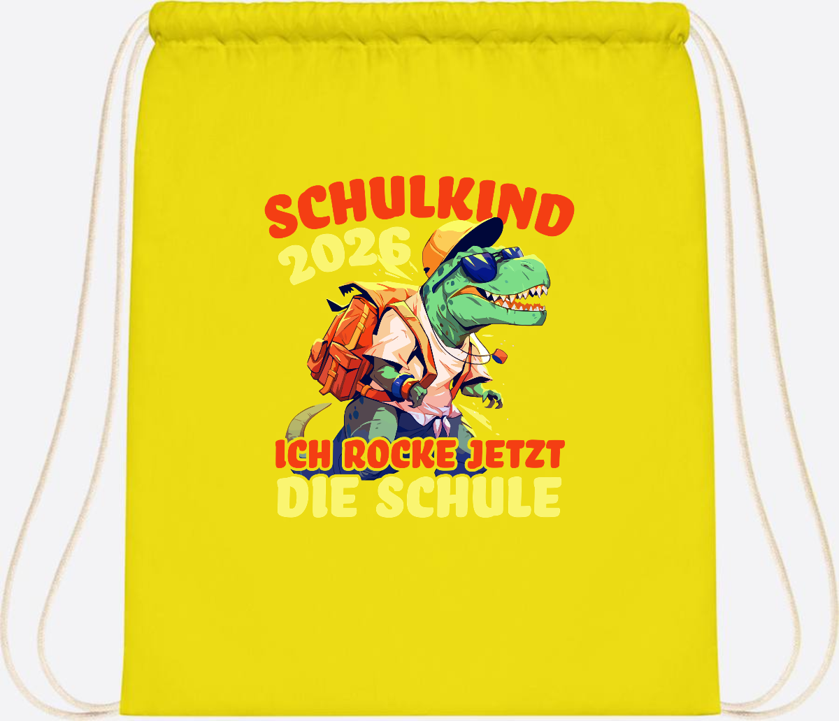 Turnbeutel Schulkind 2026: T-Rex Ich rocke die Schule - Yellow