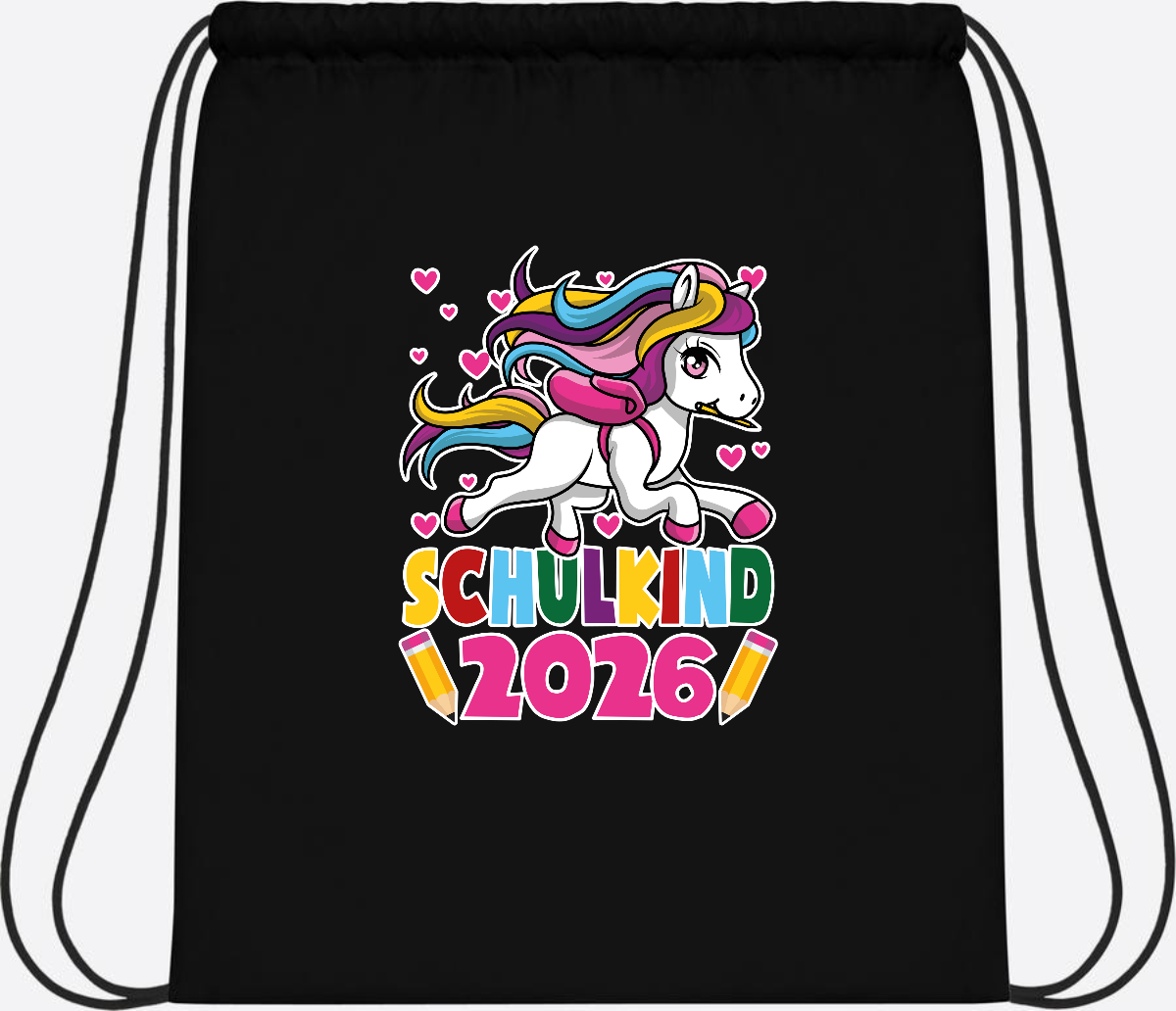 Turnbeutel Schulkind 2026 – Zauberhaftes Einhorn mit Name - Black/Black