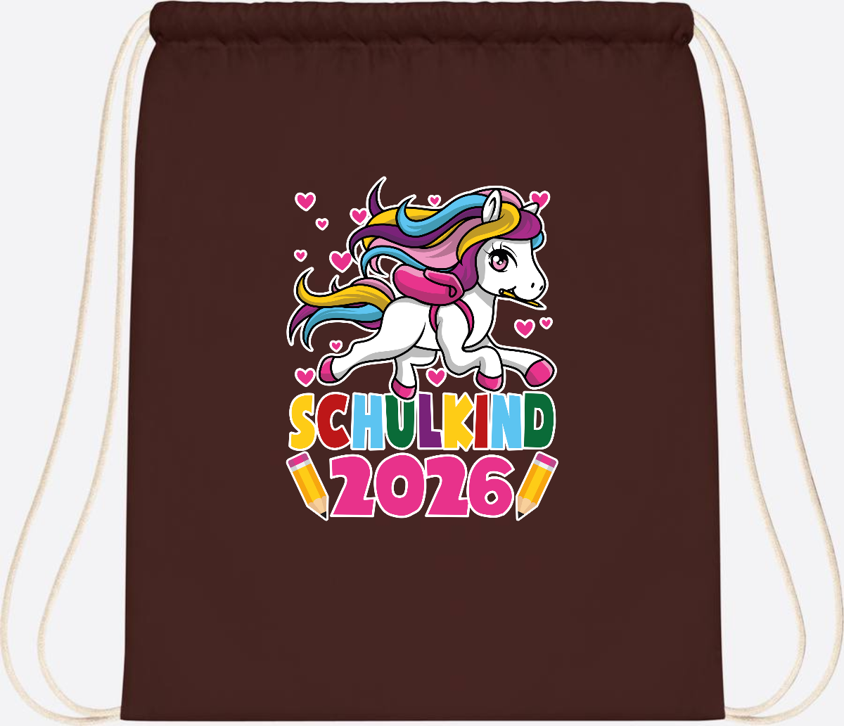 Turnbeutel Schulkind 2026 – Zauberhaftes Einhorn mit Name - Chocolate