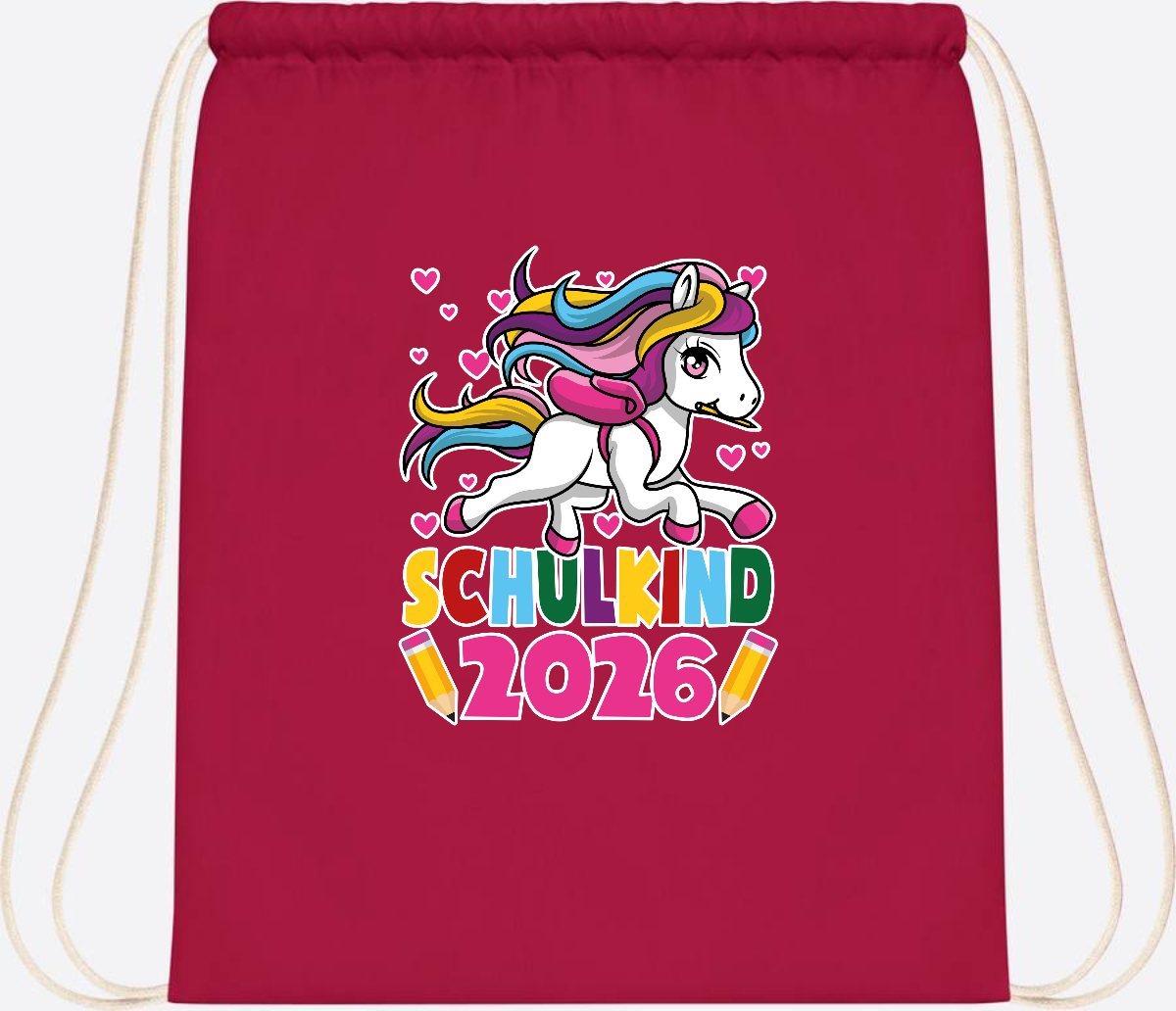 Turnbeutel Schulkind 2026 – Zauberhaftes Einhorn mit Name - Classic Red