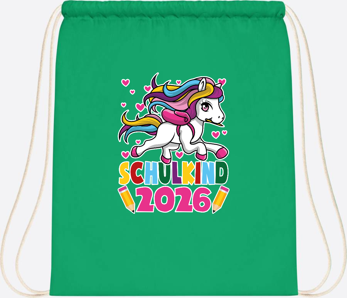 Turnbeutel Schulkind 2026 – Zauberhaftes Einhorn mit Name - Kelly Green