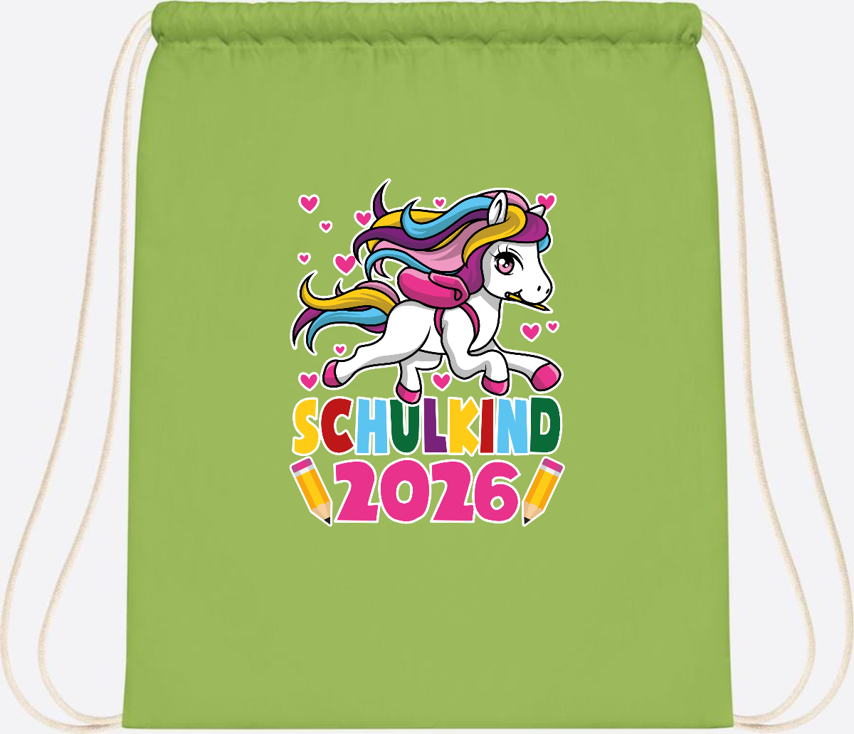 Turnbeutel Schulkind 2026 – Zauberhaftes Einhorn mit Name - Lime Green