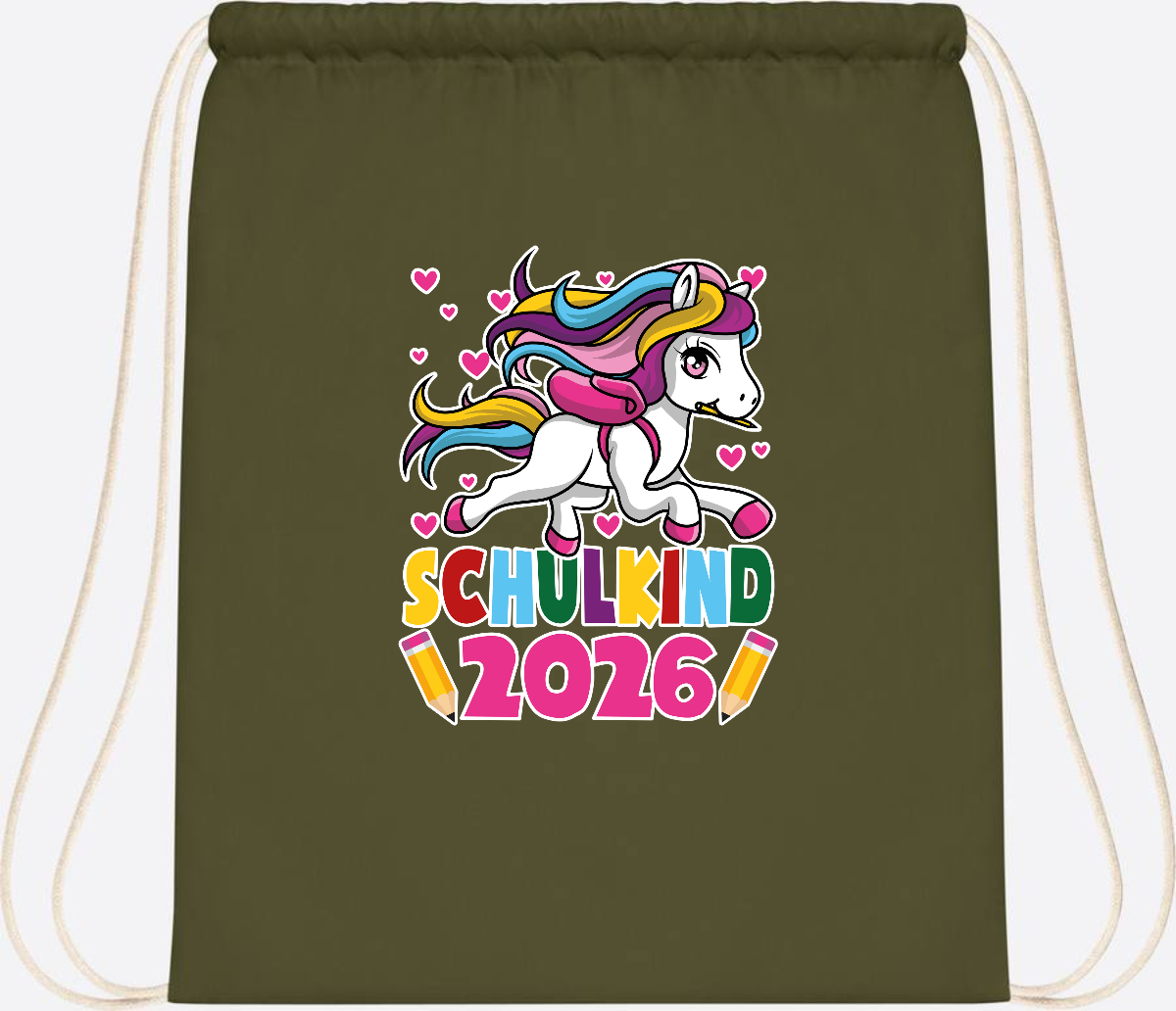 Turnbeutel Schulkind 2026 – Zauberhaftes Einhorn mit Name - Olive Green