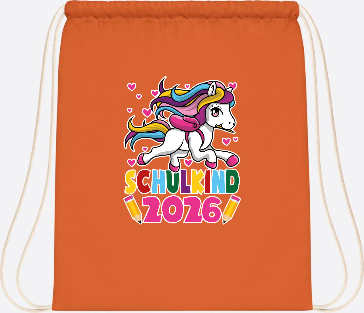 Turnbeutel Schulkind 2026 – Zauberhaftes Einhorn mit Name - Orange