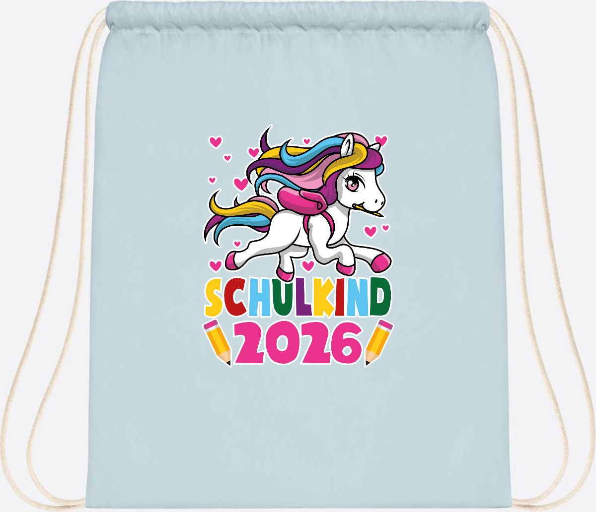 Turnbeutel Schulkind 2026 – Zauberhaftes Einhorn mit Name - Pastel Blue/White