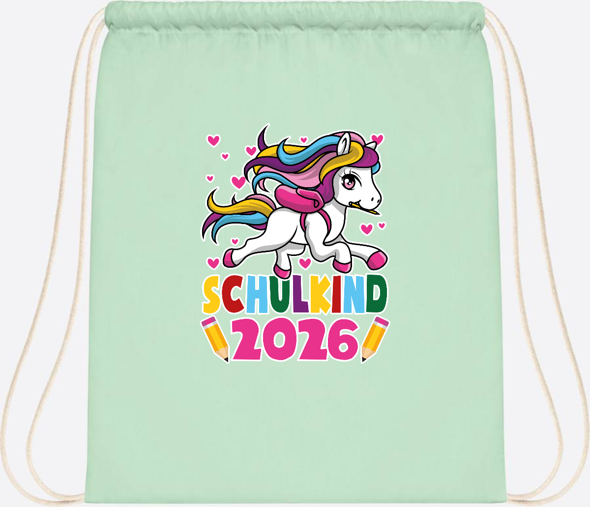 Turnbeutel Schulkind 2026 – Zauberhaftes Einhorn mit Name - Pastel Mint/White