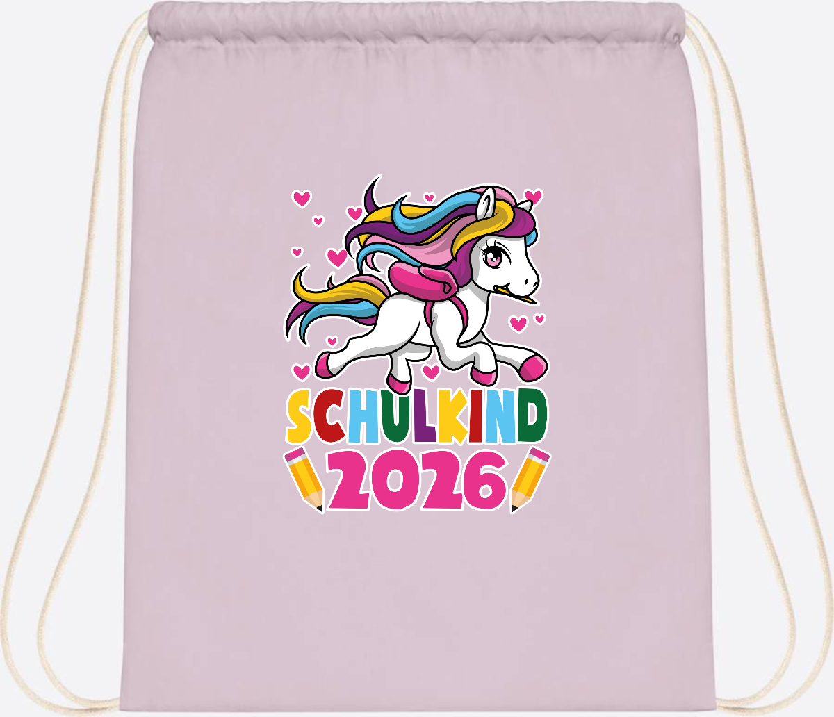 Turnbeutel Schulkind 2026 – Zauberhaftes Einhorn mit Name - Pastel Pink/White