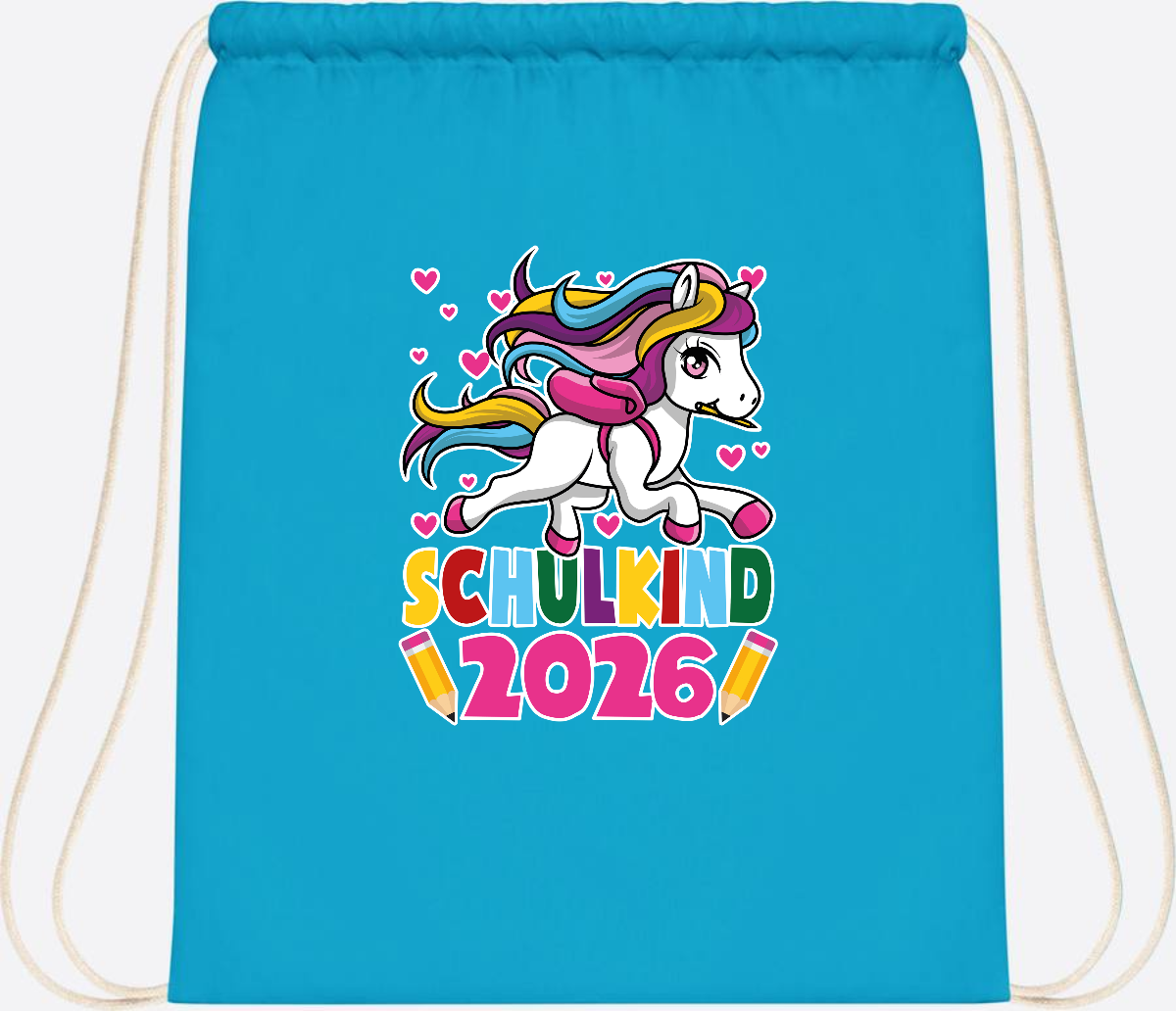 Turnbeutel Schulkind 2026 – Zauberhaftes Einhorn mit Name - Surf Blue