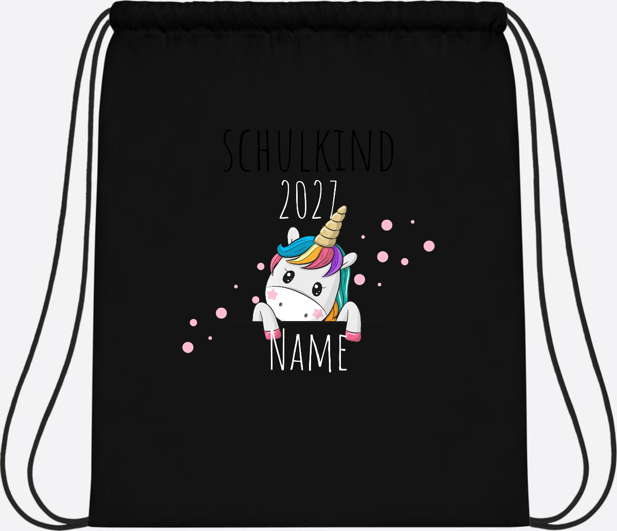 Turnbeutel Schulkind Einhorn – Personalisiert mit Name - Black/Black