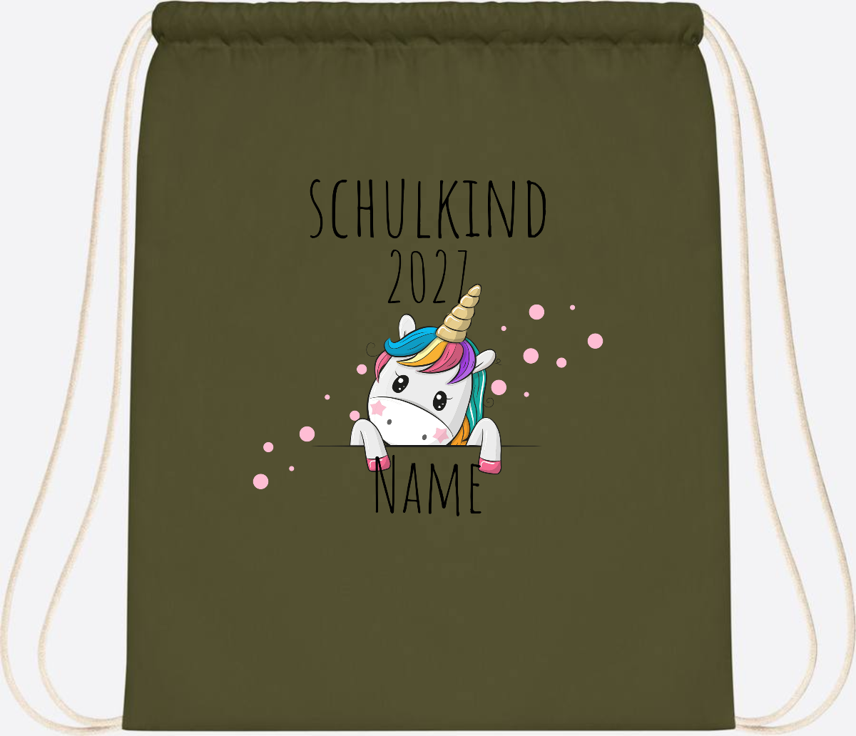 Turnbeutel Schulkind Einhorn – Personalisiert mit Name - Olive Green