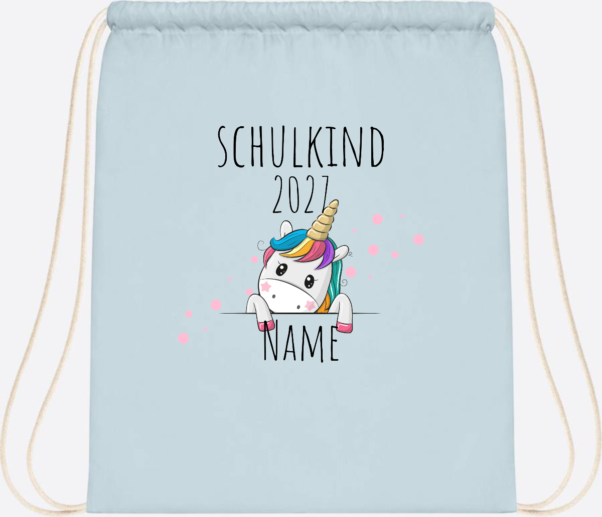 Turnbeutel Schulkind Einhorn – Personalisiert mit Name - Pastel Blue/White