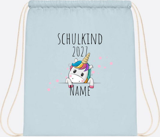 Turnbeutel Schulkind Einhorn – Personalisiert mit Name - Pastel Blue/White